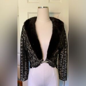 VTG Old Hollywood Black Lace FUR Mink EveningSweater Silk Lined